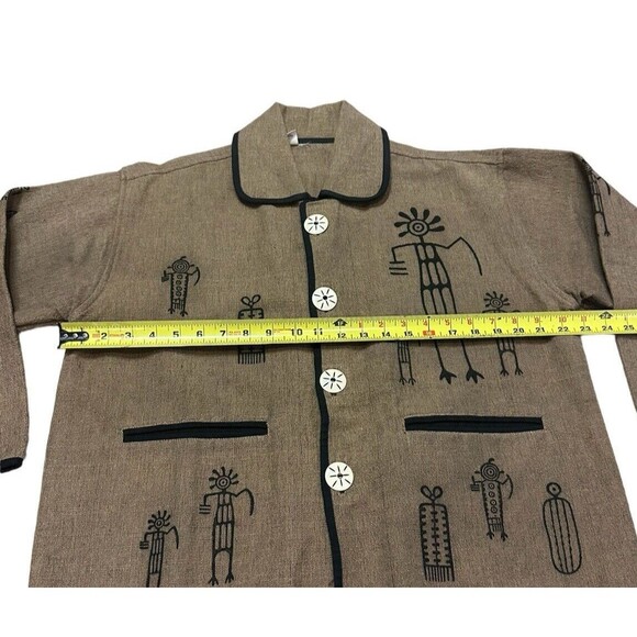 Venus Imports shacket top hieroglyphics large white buttons Nepal brown black - Picture 15 of 16